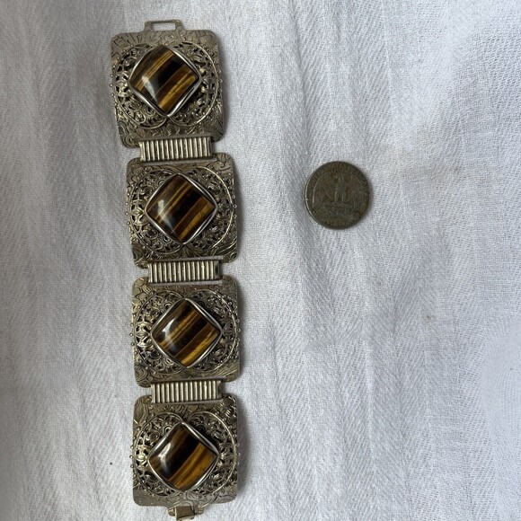 Vintage Wide Ornate Filigree Engraved Gold Tone Brown Agate Panel link Bracelet - Picture 9 of 14